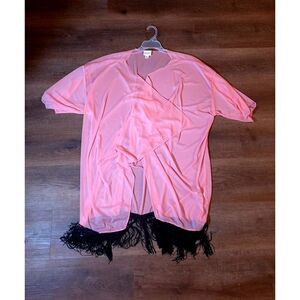 LuLaRoe Monroe Kimono L Large Sheer Pink Open Front Duster Black Fringe Trim